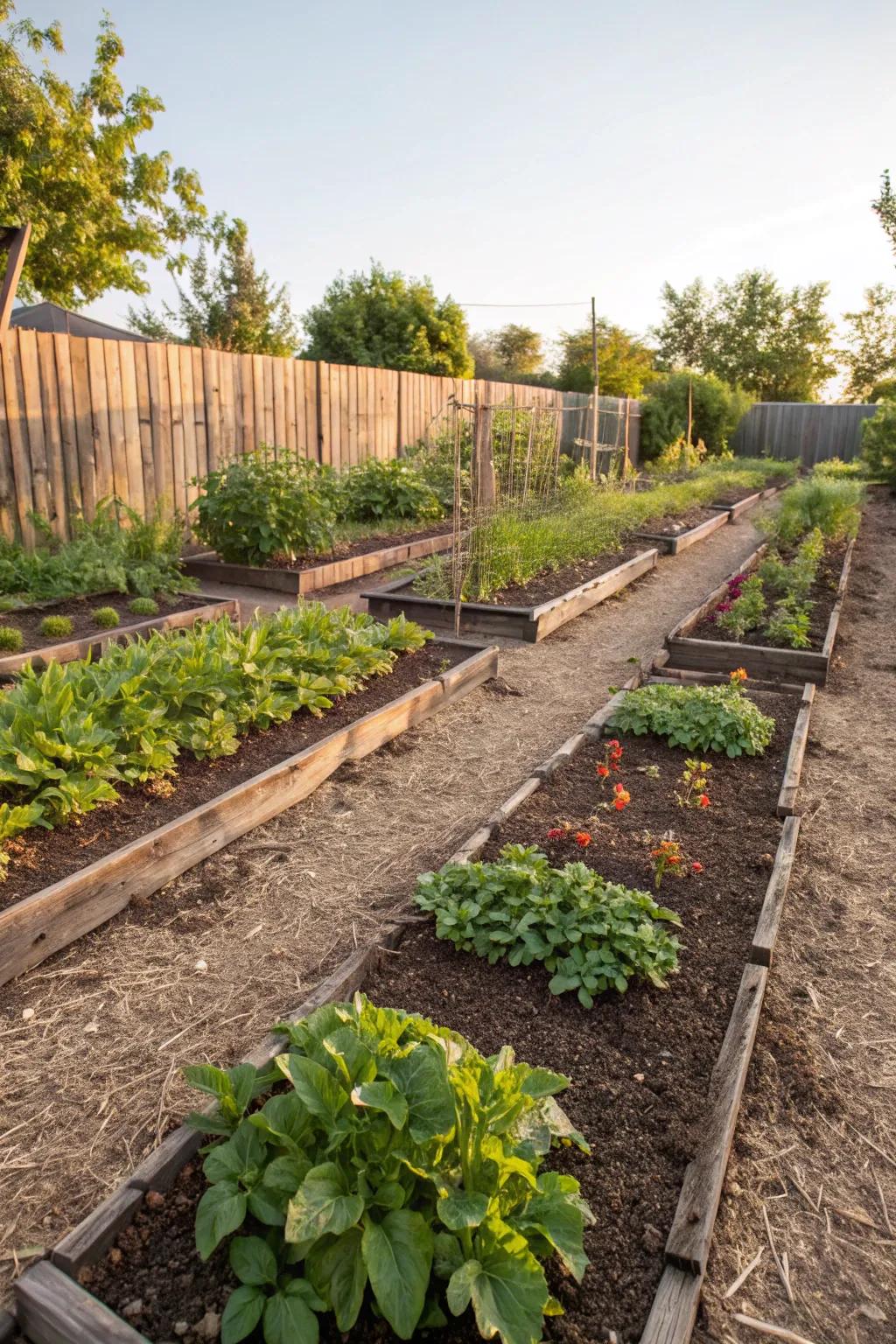 Ground-covered garden beds offering moisture retention and weed control.