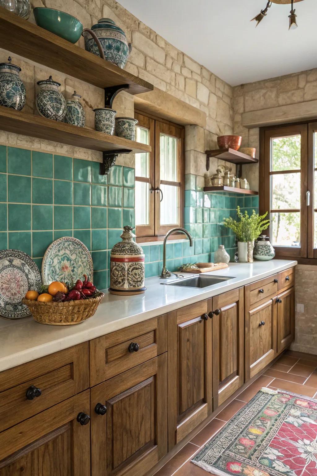 Turquoise tiles contribute a vibrant and opulent sensation to the kitchen.