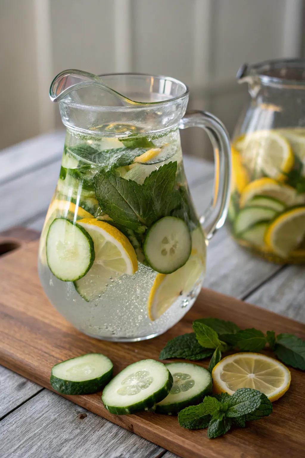 Flavored water with cucumber, lemon, and mint keeps you refreshed and hydrated.