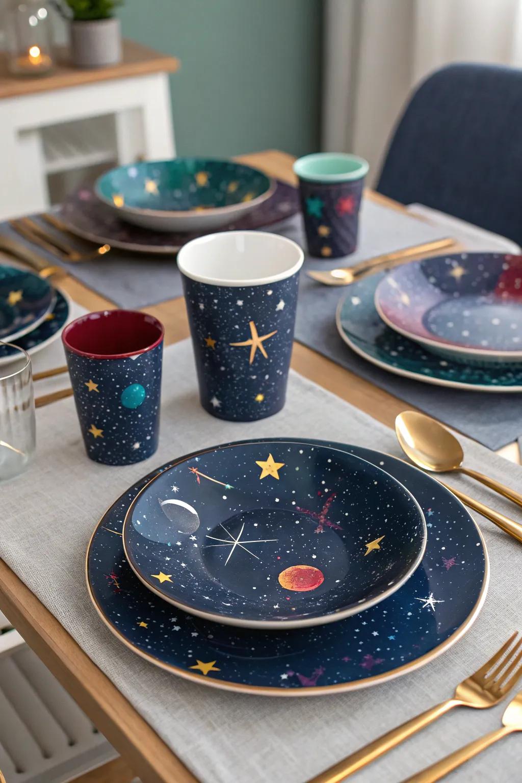 Have meals beneath the constellations utilizing galactic-themed tableware.