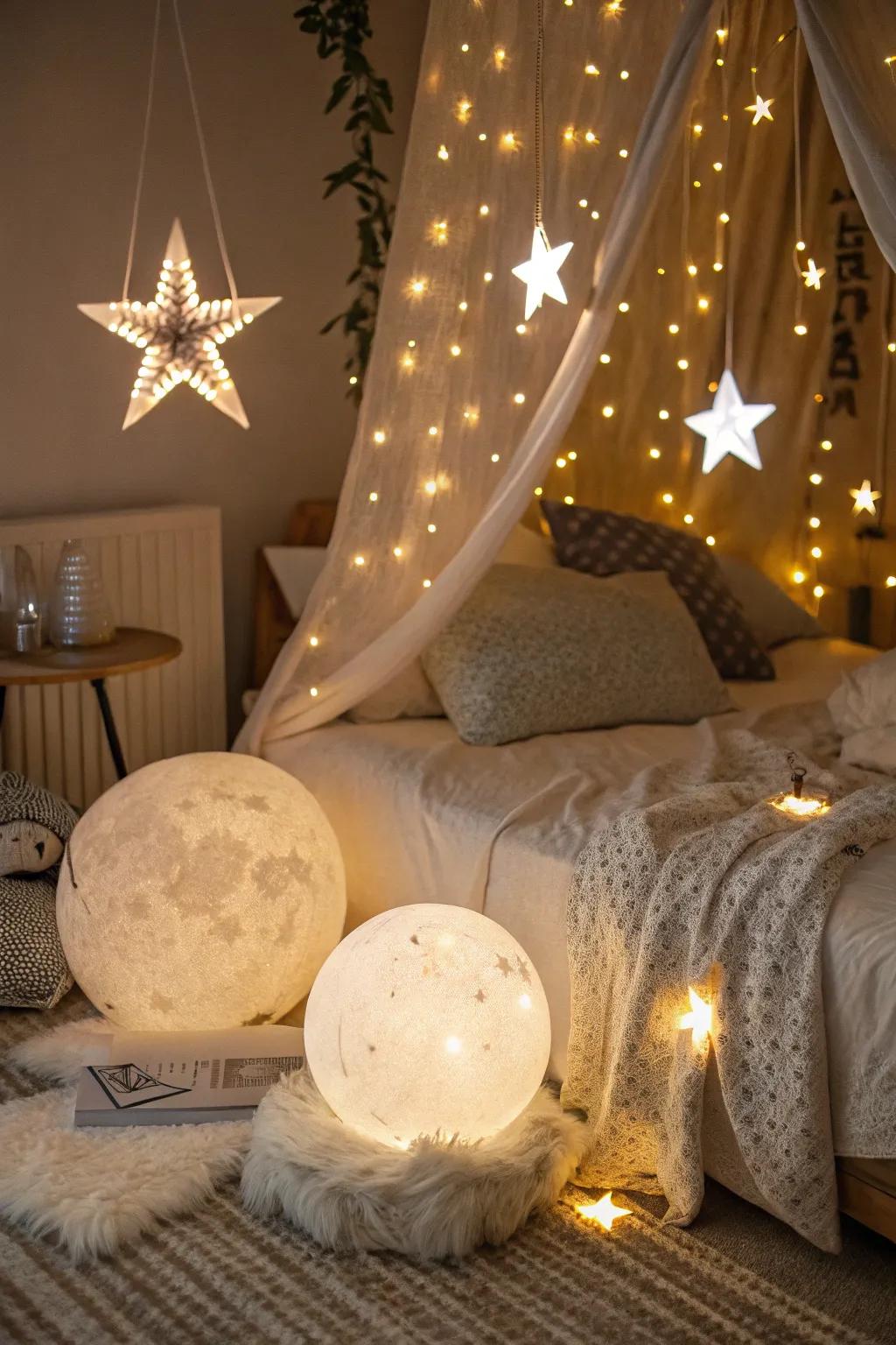 Celestial lighting that infuses the space with warmth and charm.