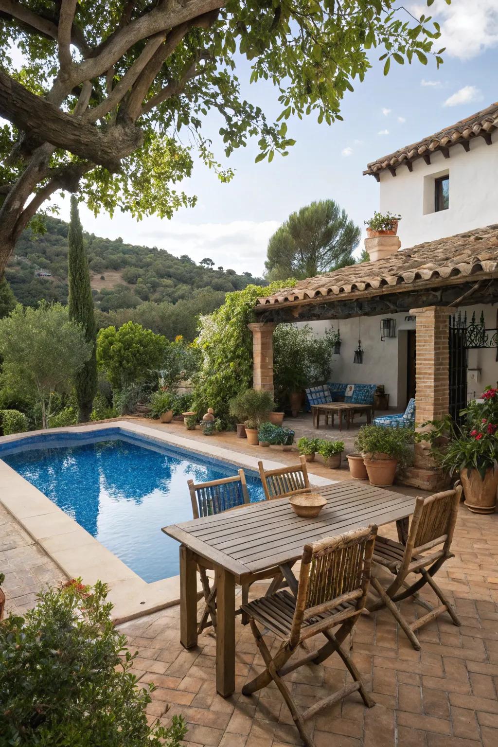 Hand-hewn lumber furnishings offer a cozy area in this Spanish-inspired garden.