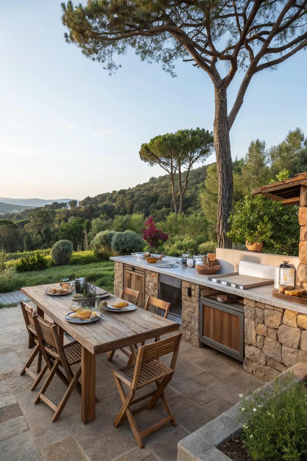Abundant greenery embraces this welcoming open-air cooking area, creating a tranquil refuge.