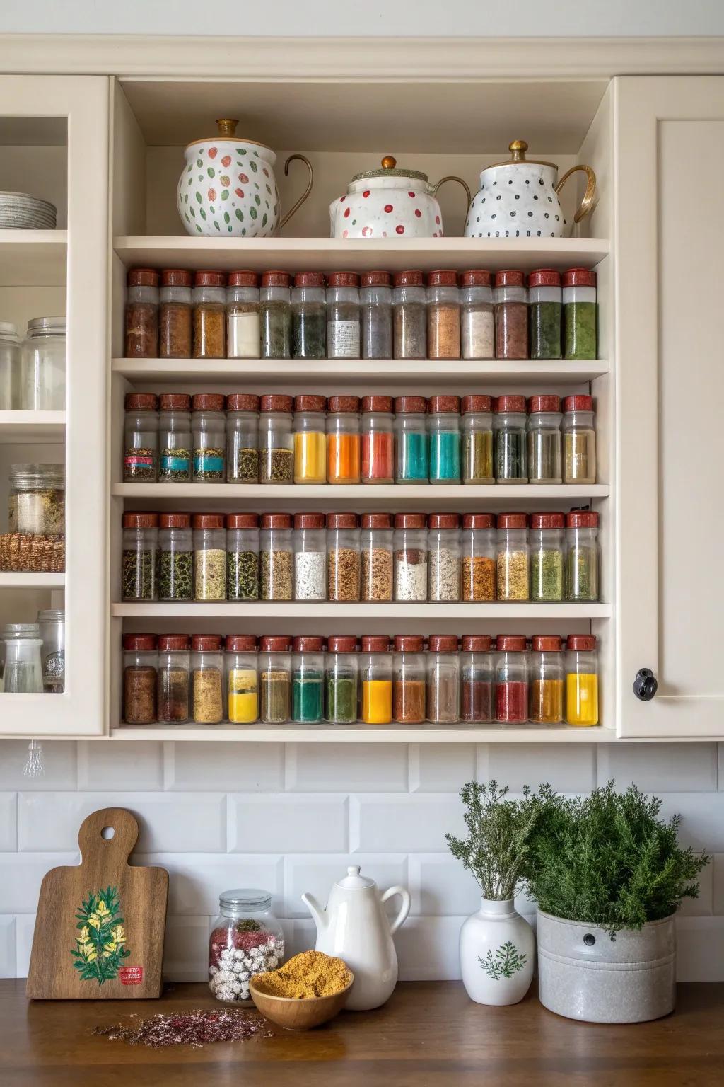 Visible shelving presenting spices as decorative accents.