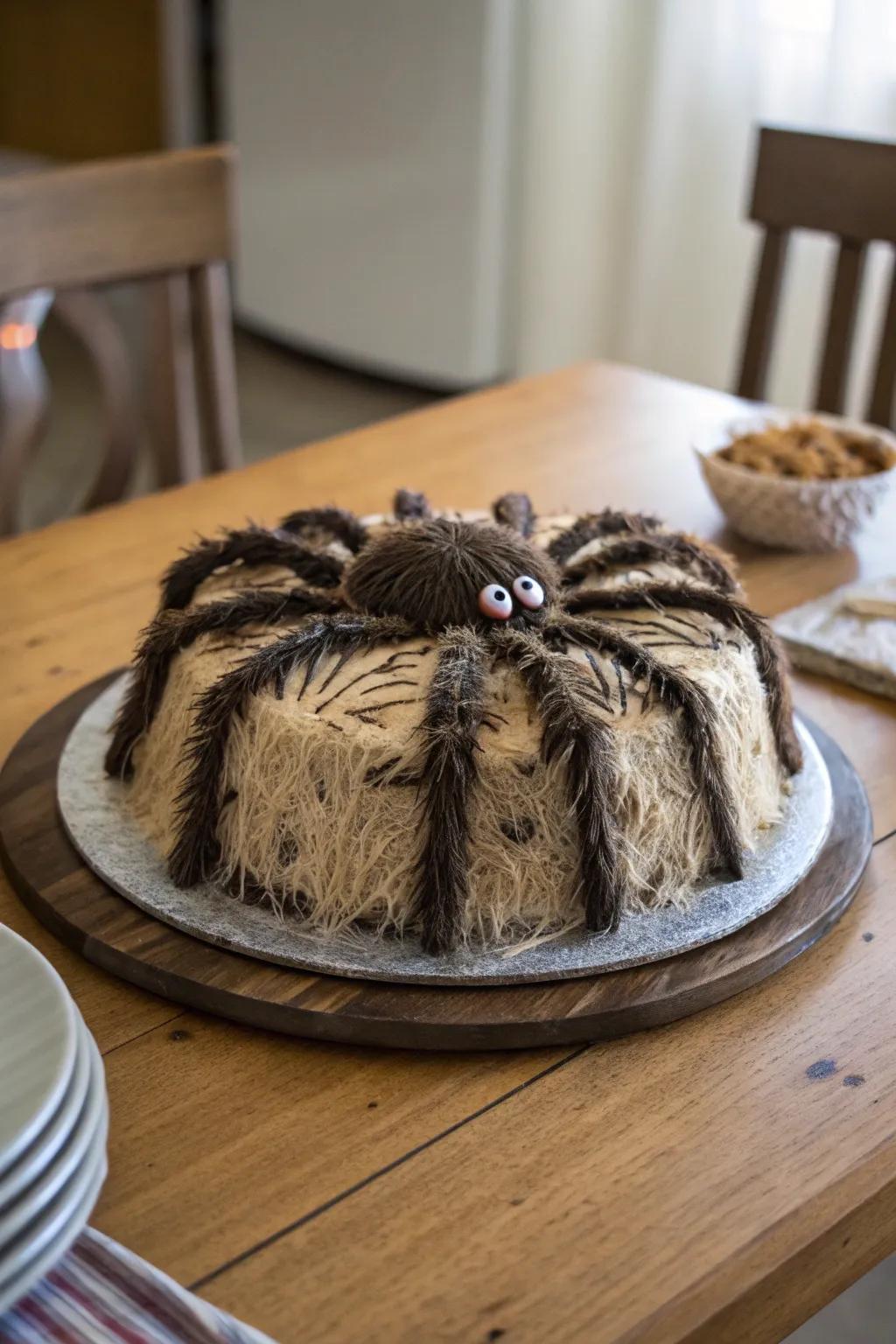 A furry spider cake exhibiting an almost tangible appearance.
