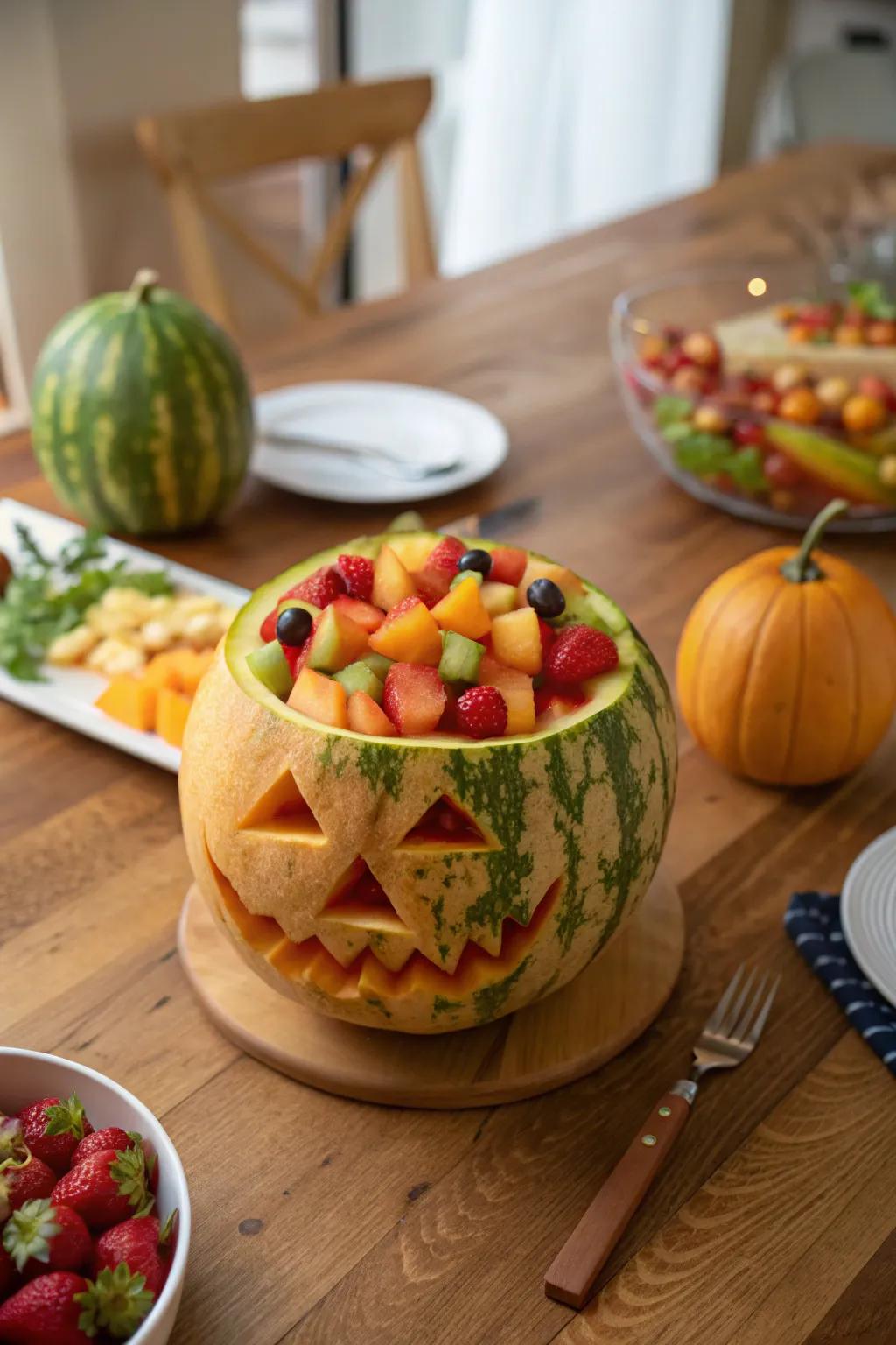 A watermelon fashioned as a jack-o'-lantern, serving dual roles as a festive fruit bowl.