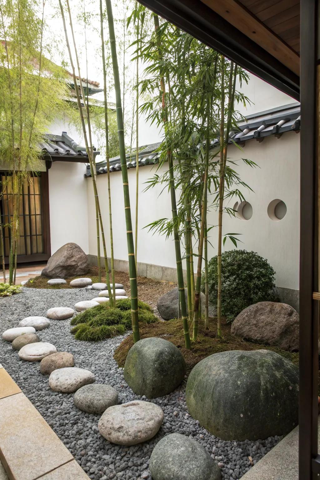 A zen garden with stones and bamboo offers a peaceful retreat for meditation.