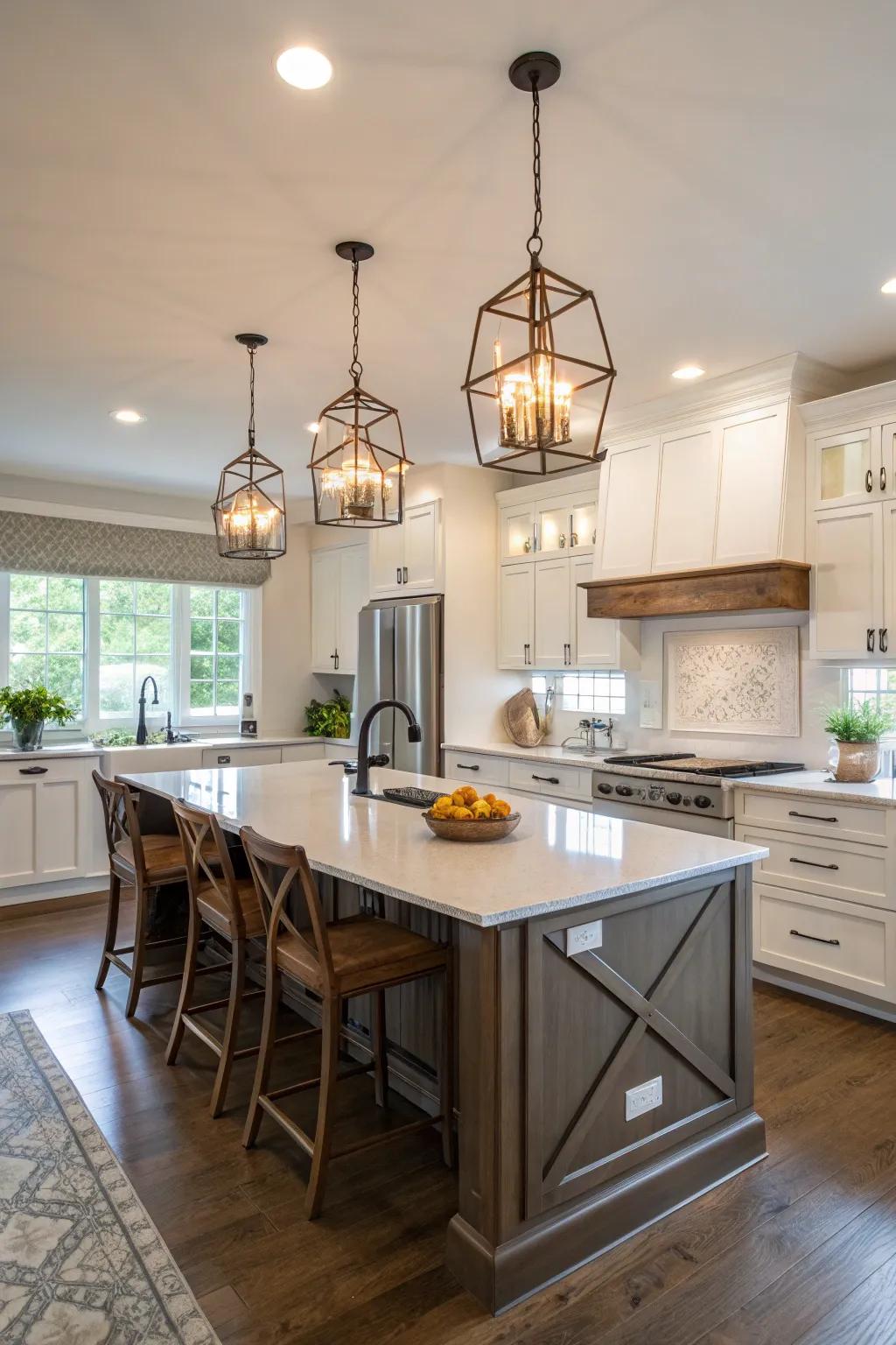 Pendant lights highlight key areas of the kitchen with flair and focus.