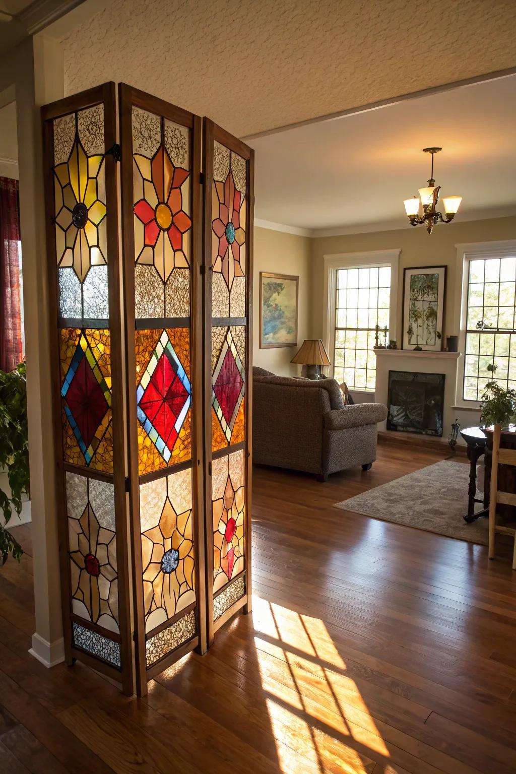 Stained glass space dividers elegantly merge function with art.