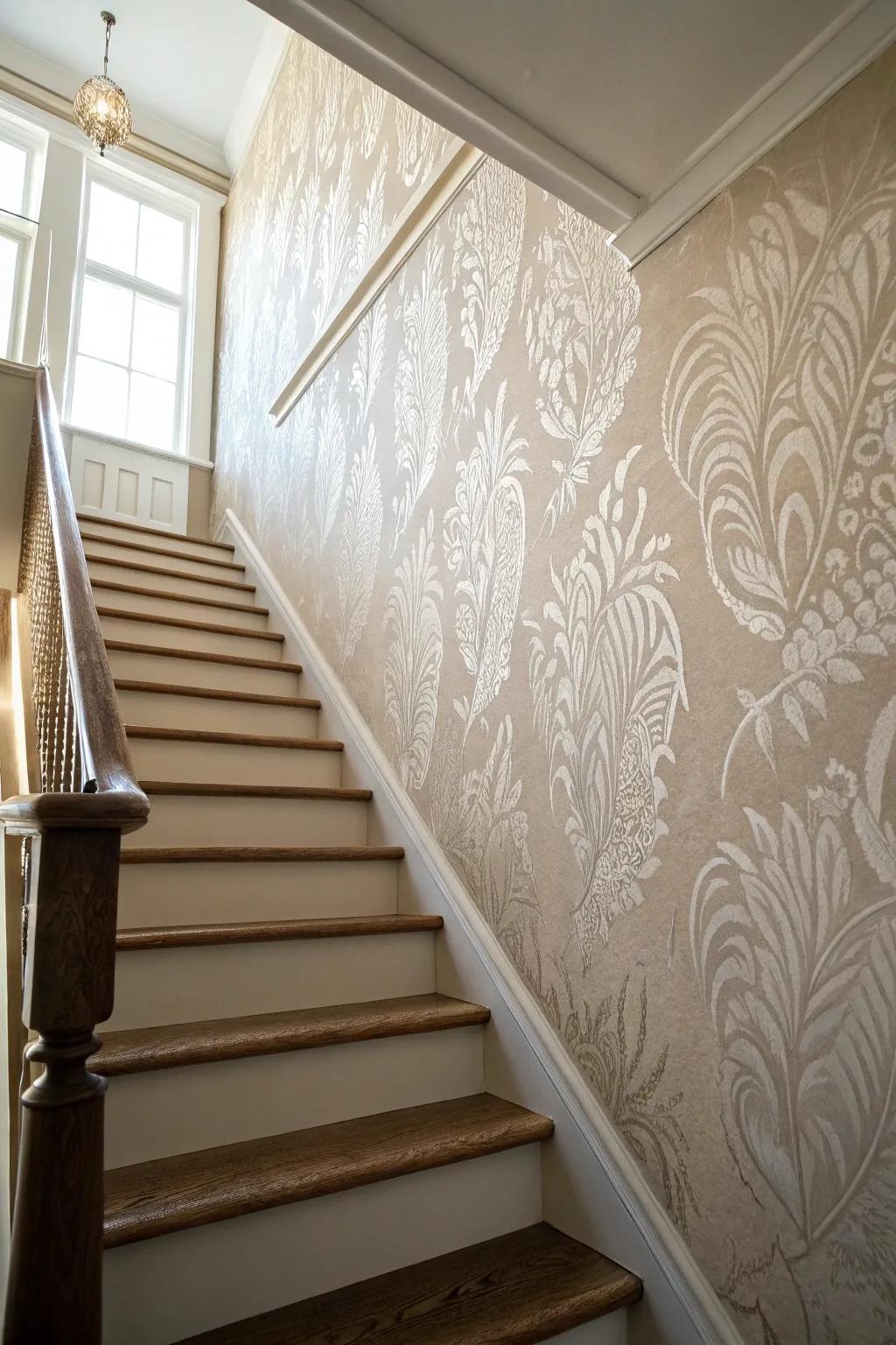 Textured wallpaper gives staircase walls dimension with ease.