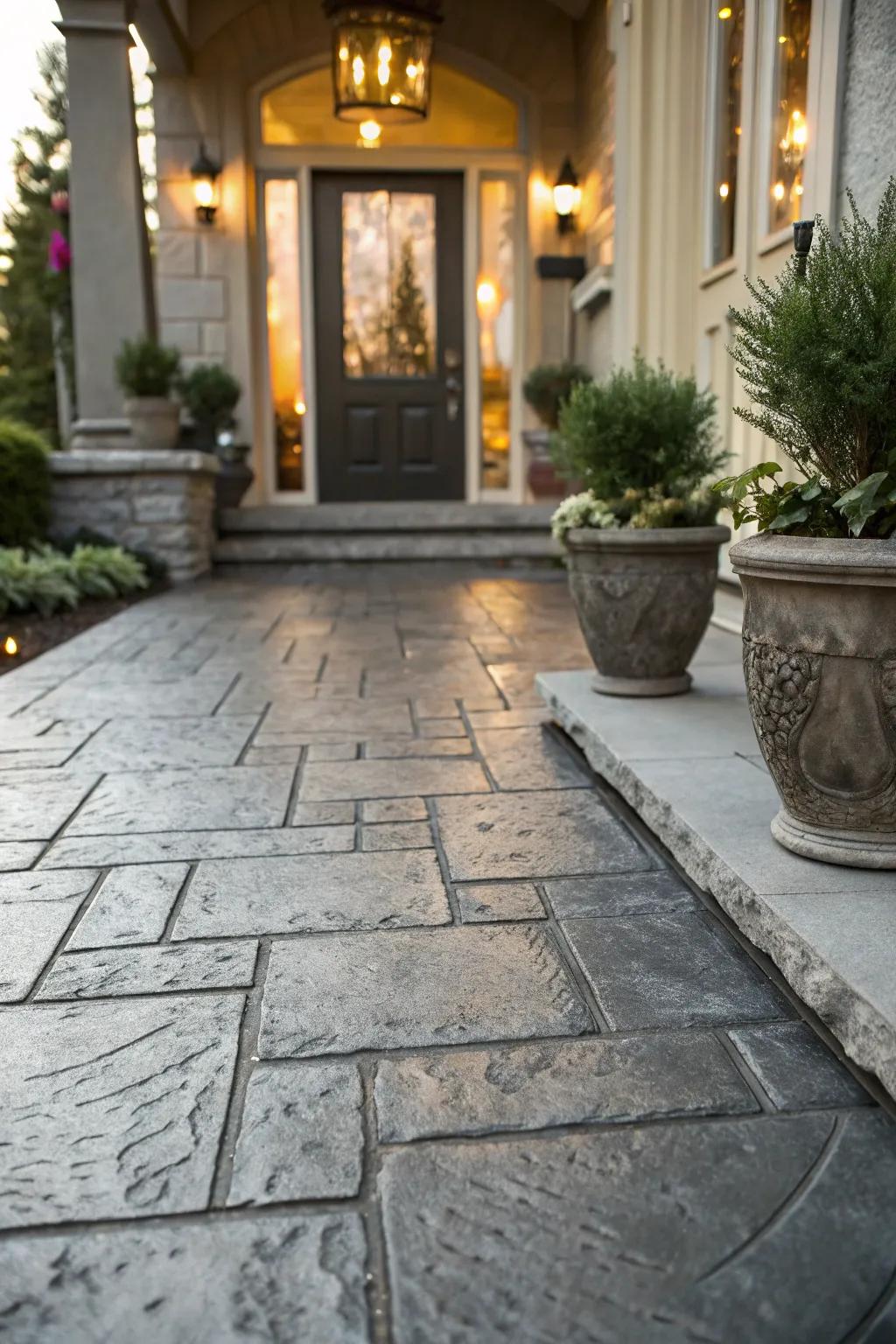 Slate-patterned concrete brings classic refinement to this entranceway.