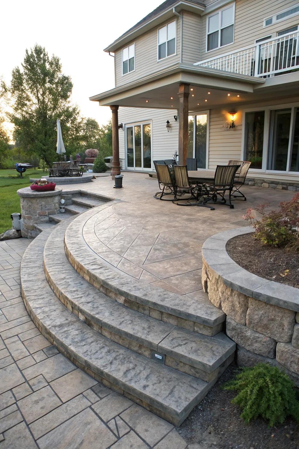 A vibrant multi-tier stamped concrete patio.