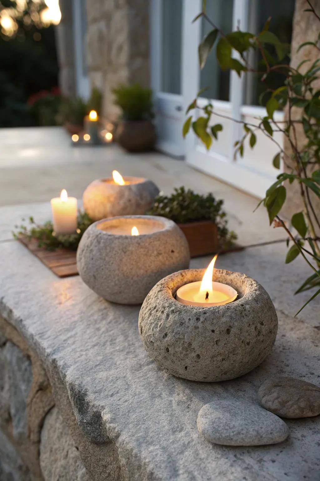Earthy stone stands for candles casting a warm evening glow.