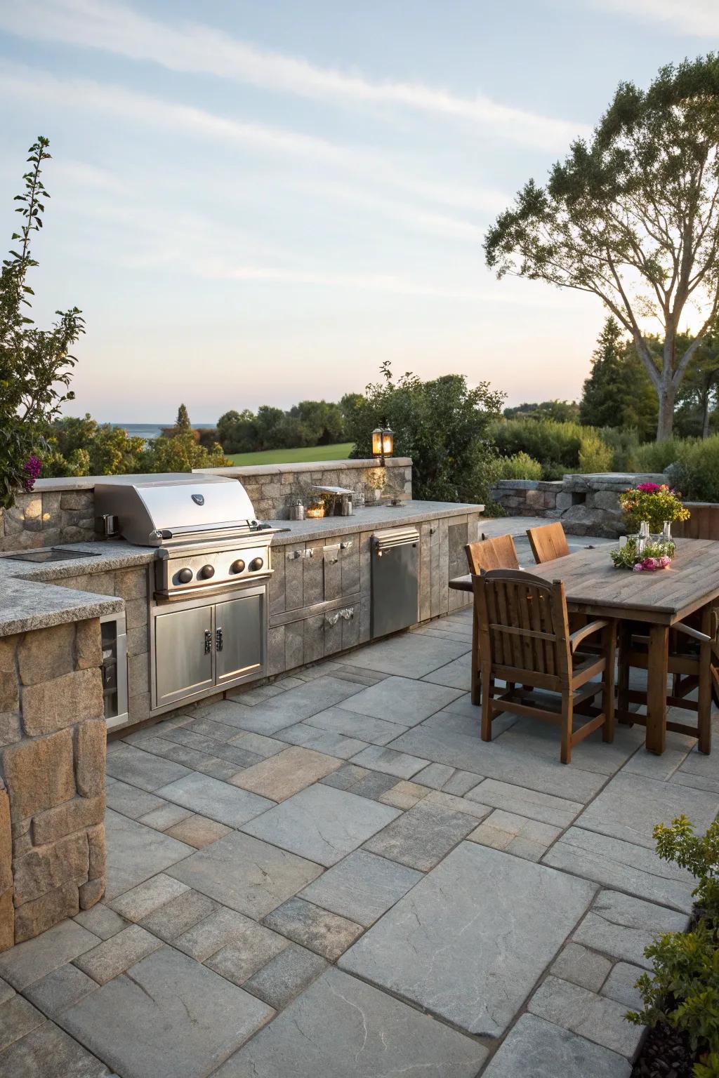 A stone patio featuring a convenient exterior kitchen.