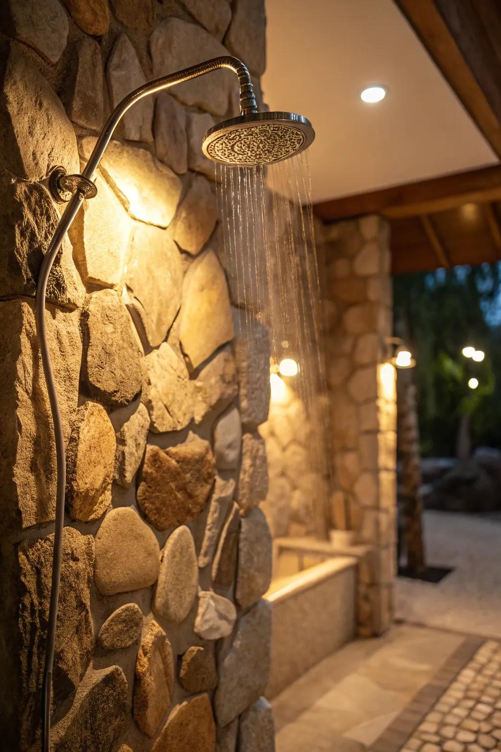 Comforting shades and lighting highlight the organic grain of stone.