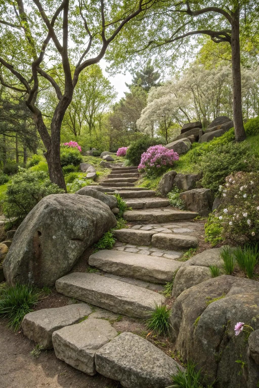 Boulder-integrated stone steps