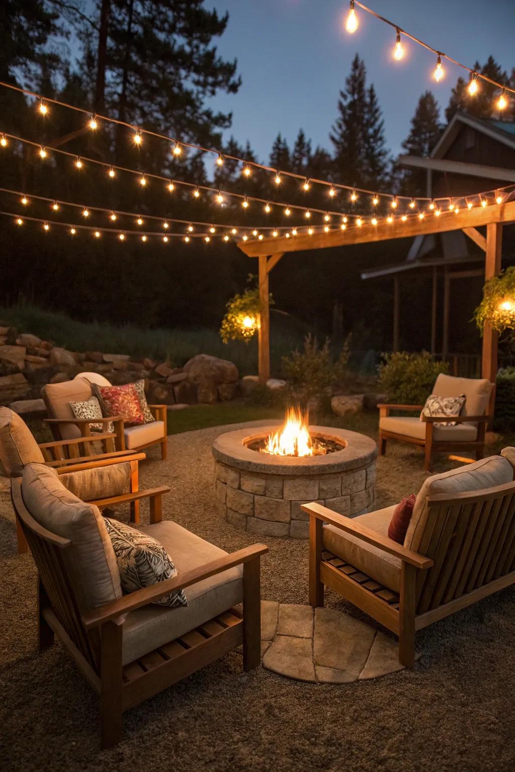 Glowing cables subtly delineate the fire pit zone.