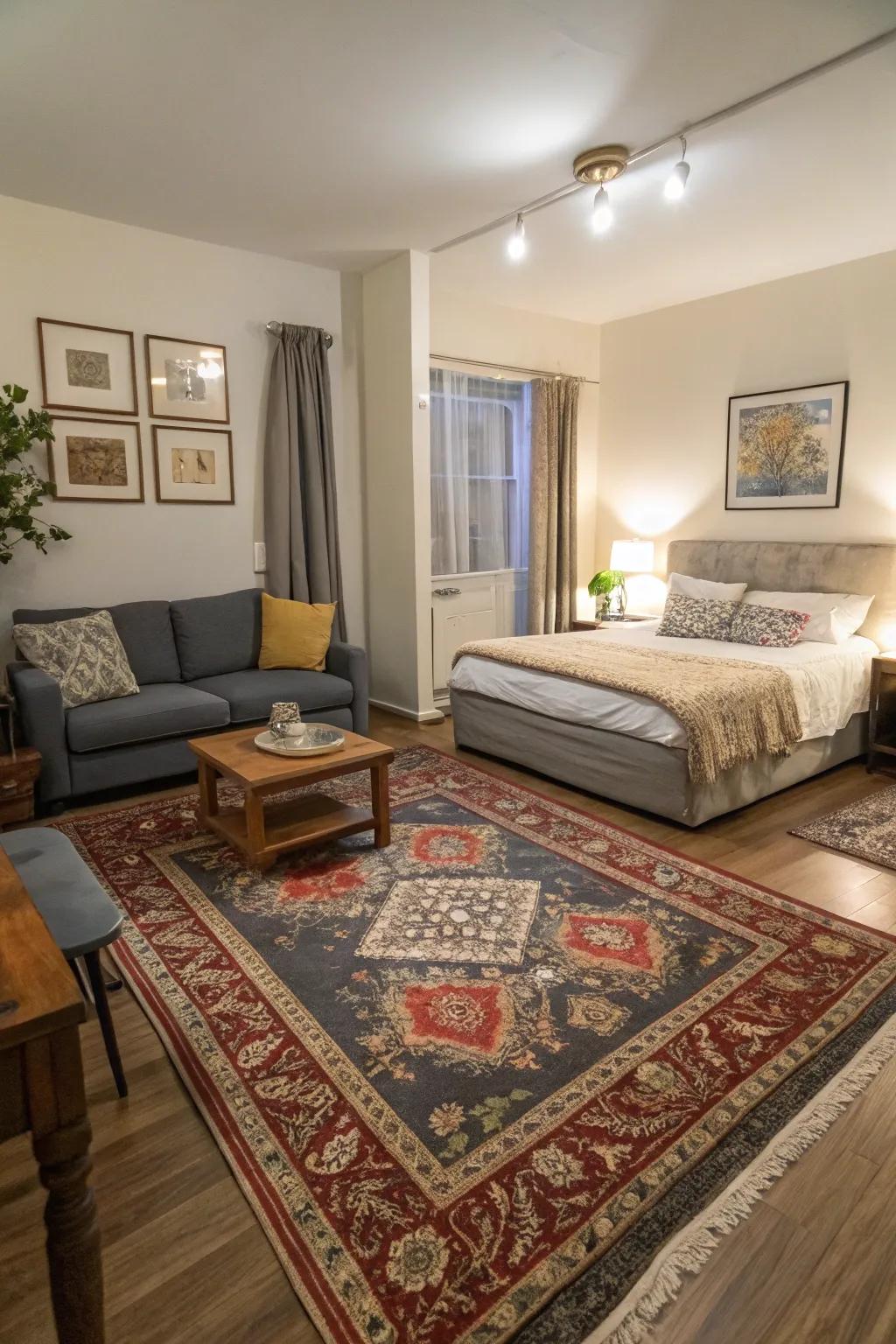 Rugs define spaces, adding warmth and structure.