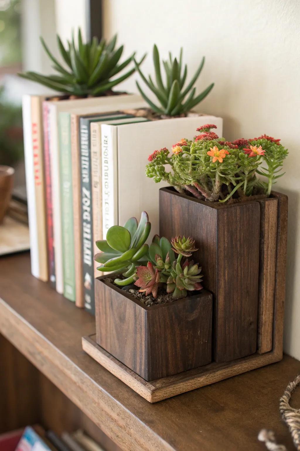 Succulent bookends merge practicality with natural beauty.