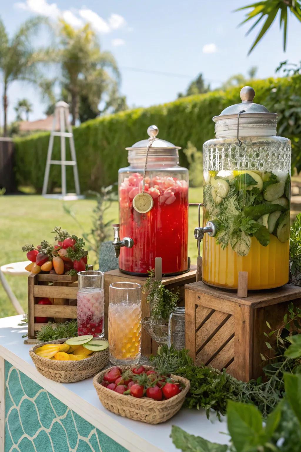 Ensure refreshments are readily accessible through a visually appealing outdoor drink station.