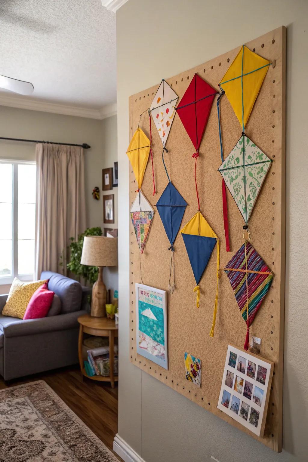 An eye-catching, whimsical bulletin board flaunting vibrant kites.