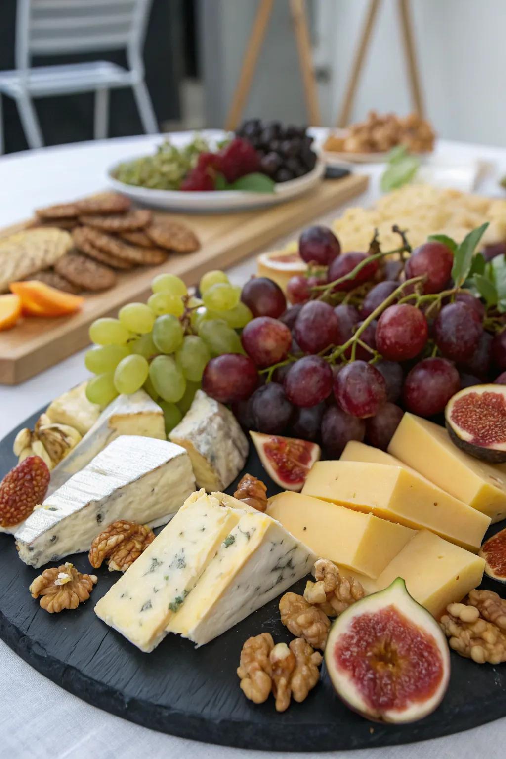A distinguished cheese and fruit assortment, embodying summer's sophistication.