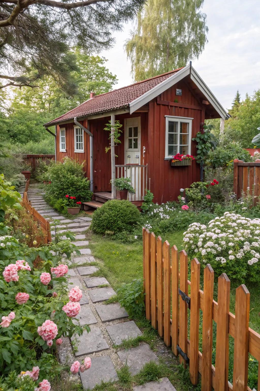 A country red summer house, radiating warmth and charm.