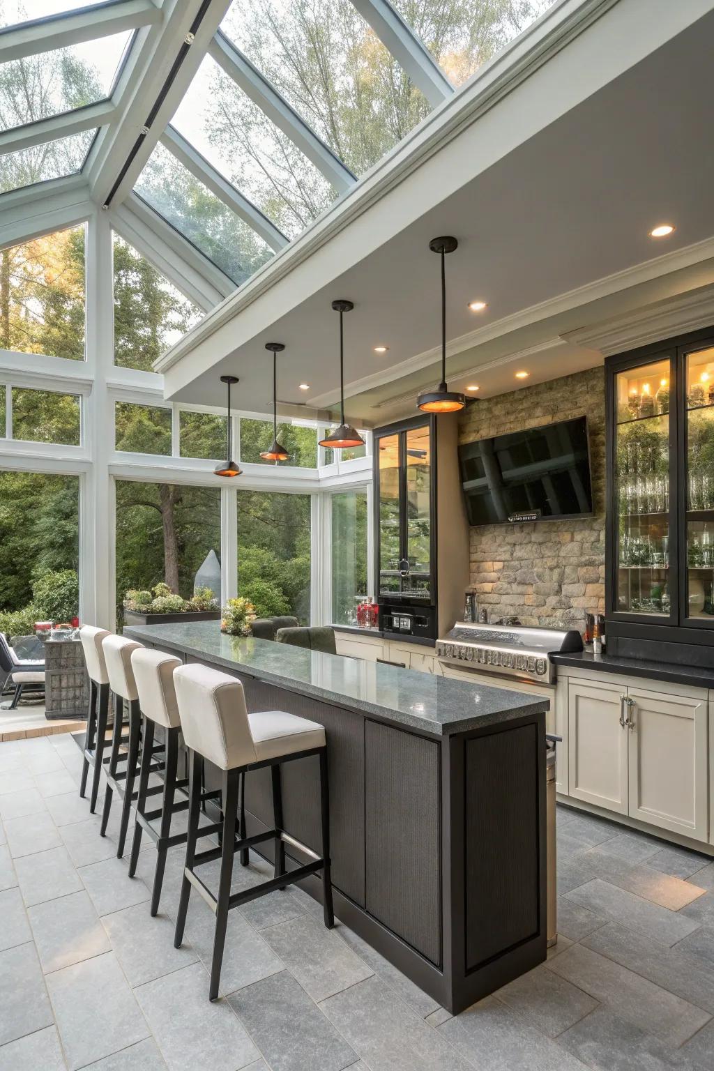 Sophisticated technology elevates the functionality and ambiance of your sunroom bar.