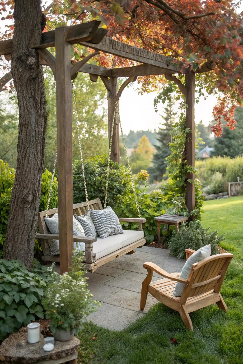A garden swing is a perfect escape to enjoy nature and tranquility.