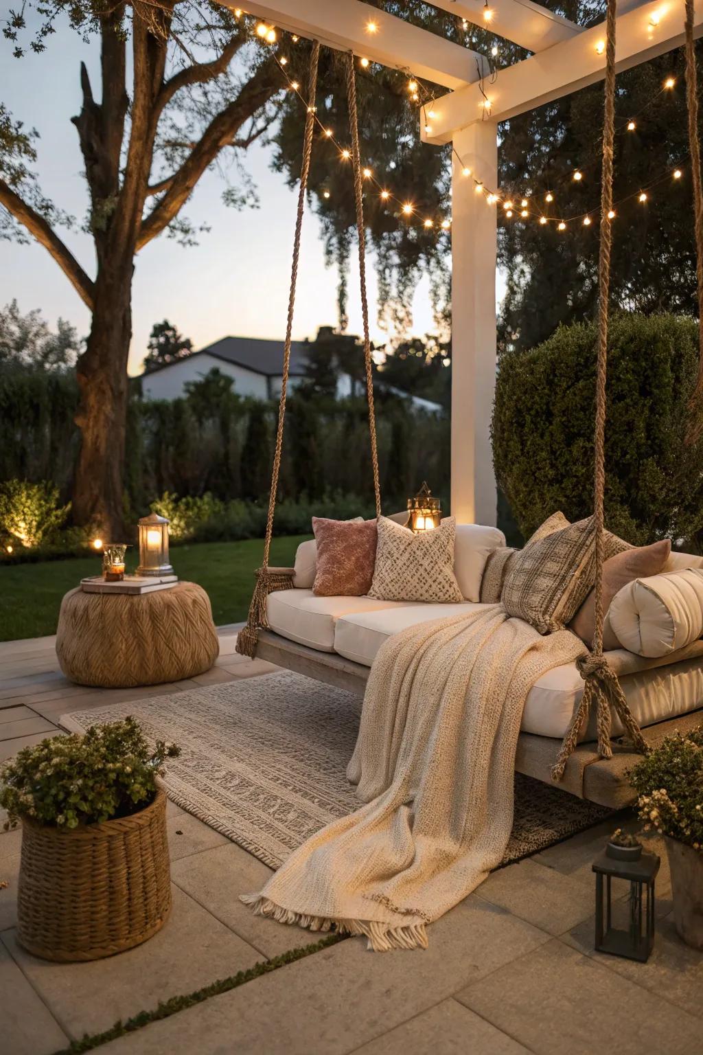 An outdoor relaxation swing becomes a social center beneath the stars.