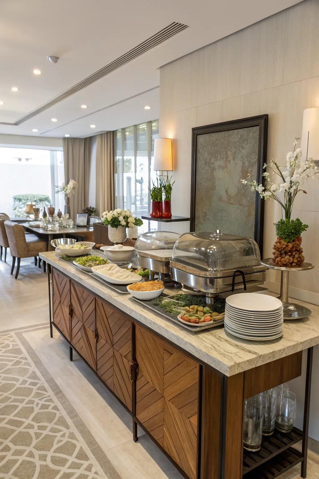 Your buffet arrangement will be more dimensional if you mix materials.