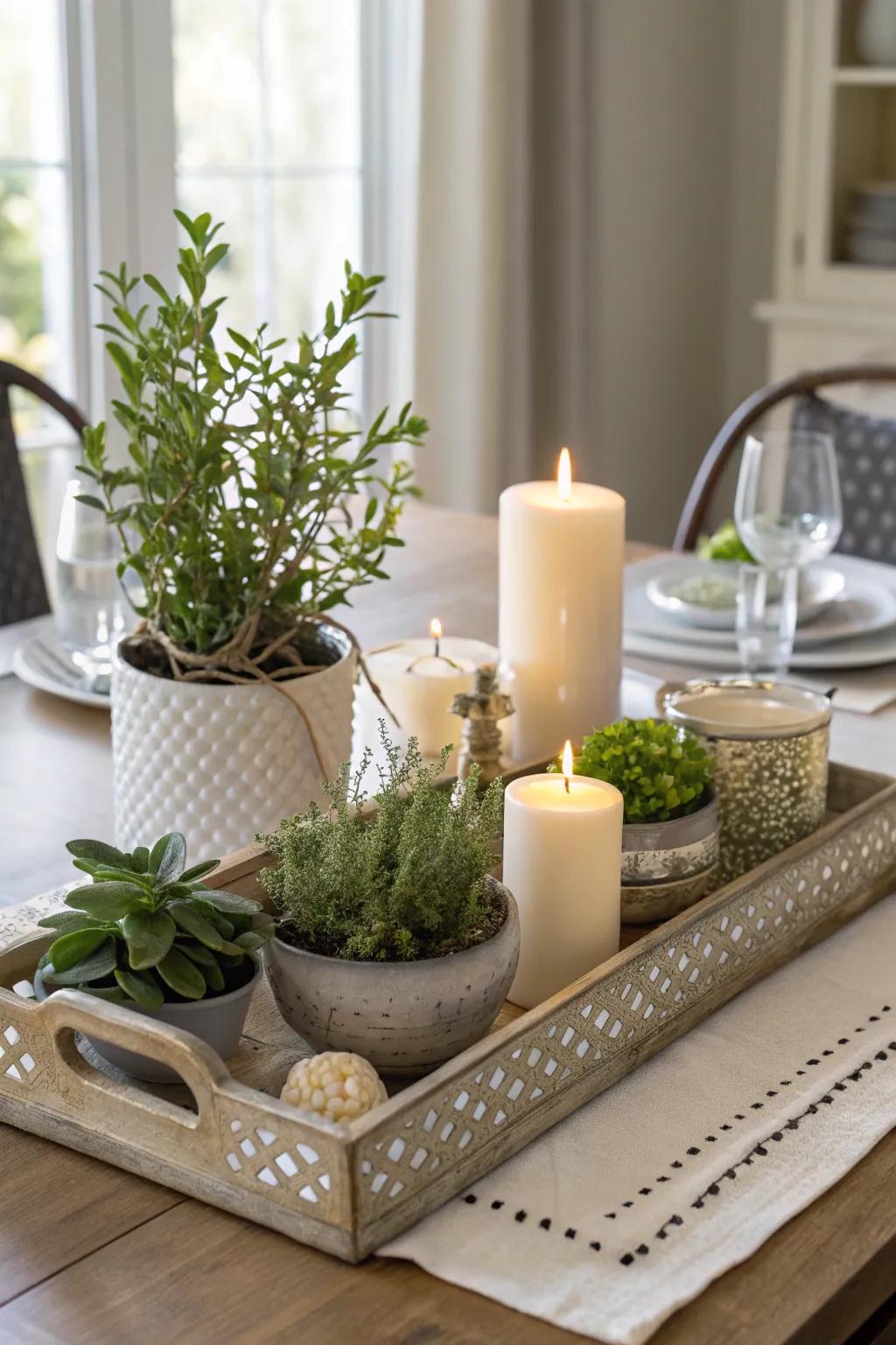A chic and versatile tray display serving as a centerpiece.