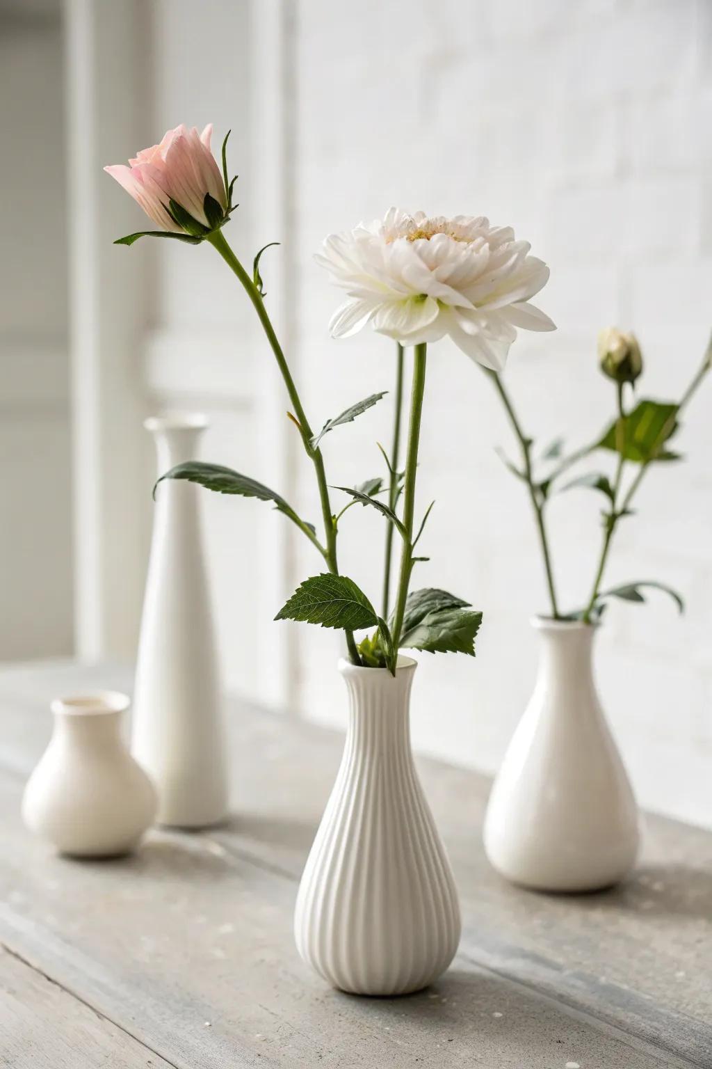 A minimalist centerpiece showcasing individual stem floral arrangements.