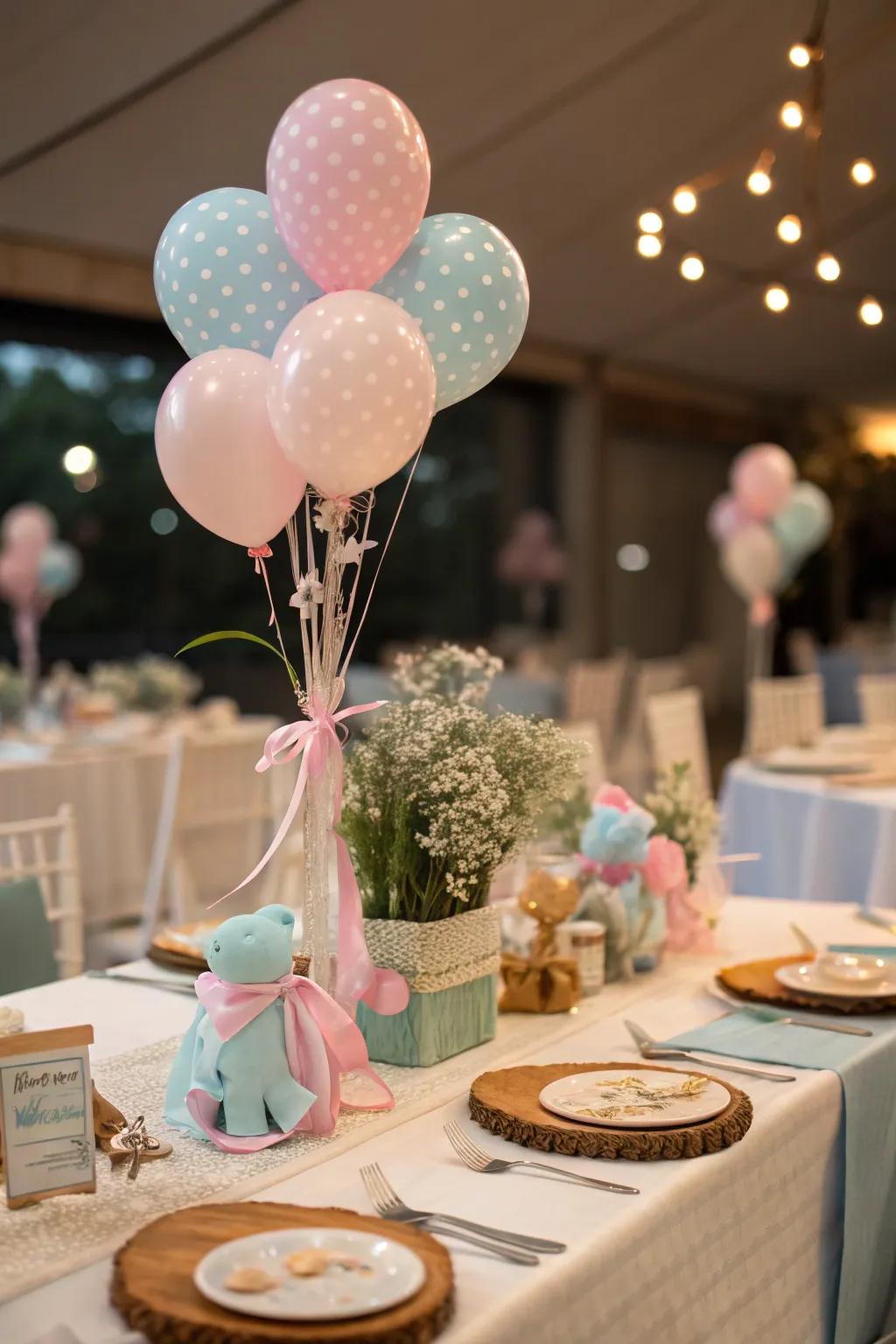 Delightful table focal points presenting infant-themed props for heightened whimsy.