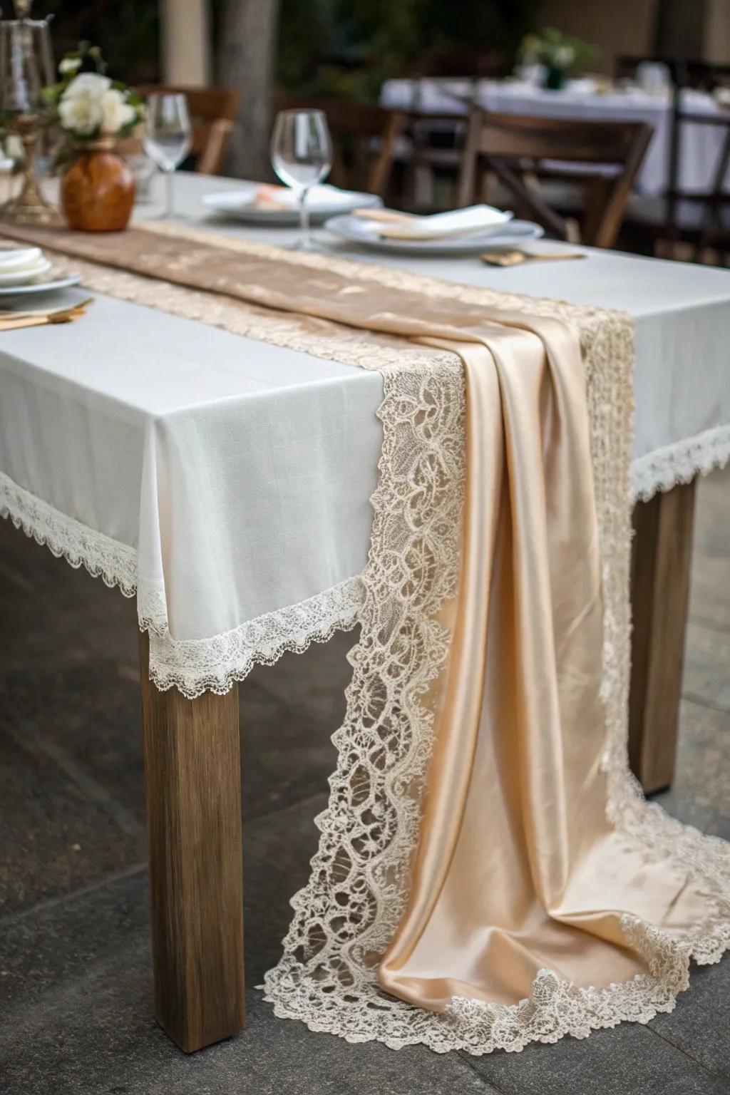 A textured table runner combining various fabrics for a luxe feel.