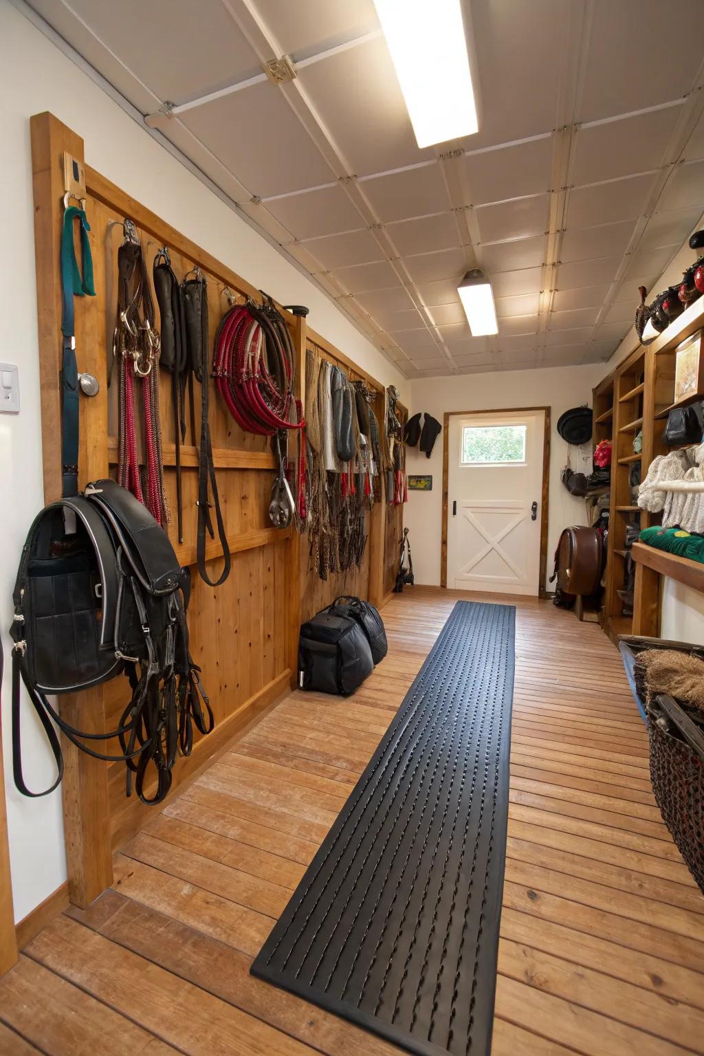 Resilient flooring solutions in a tack room for effortless upkeep.