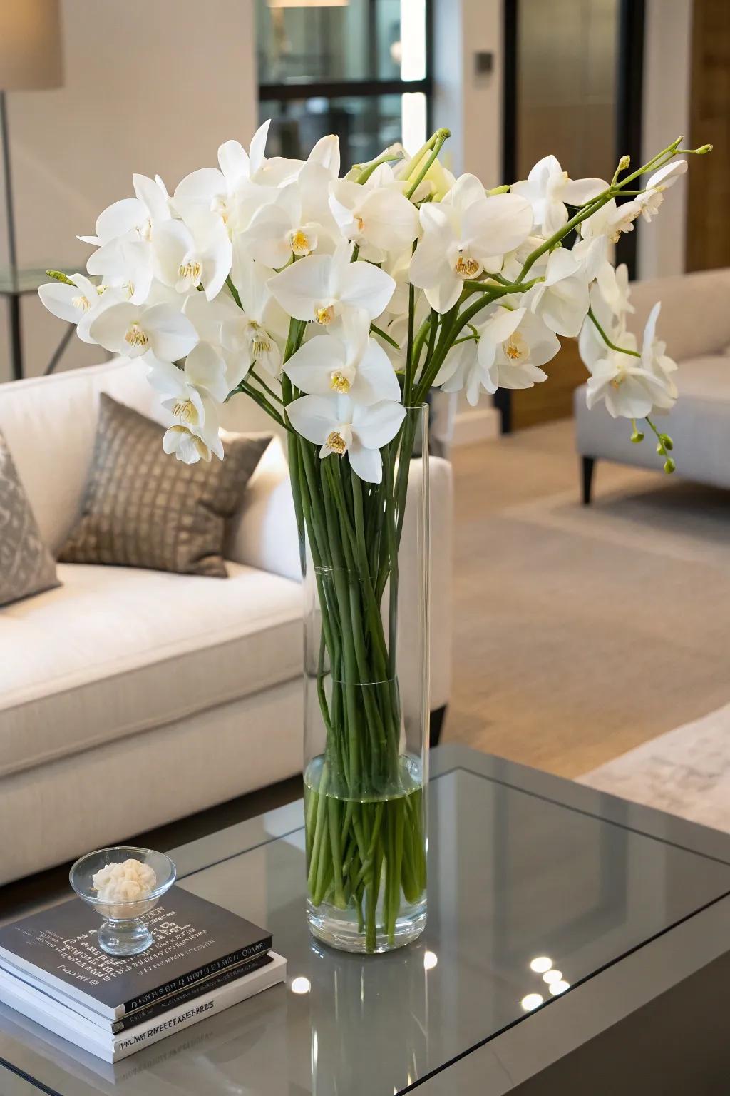 An elevated glass vase containing elegant orchids, thereby bestowing a sumptuous embellishment upon a contemporary occasional table.