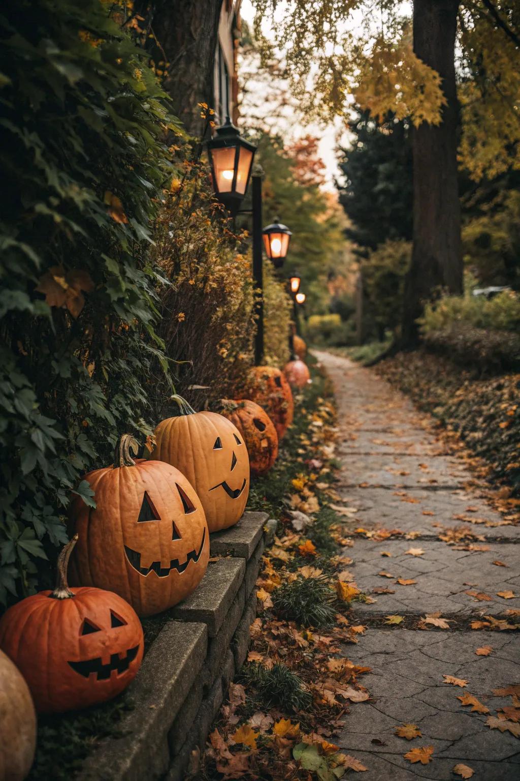 Demarcate your walkway with a hamlet of elevated pumpkins, thereby fostering a welcoming autumnal aura.