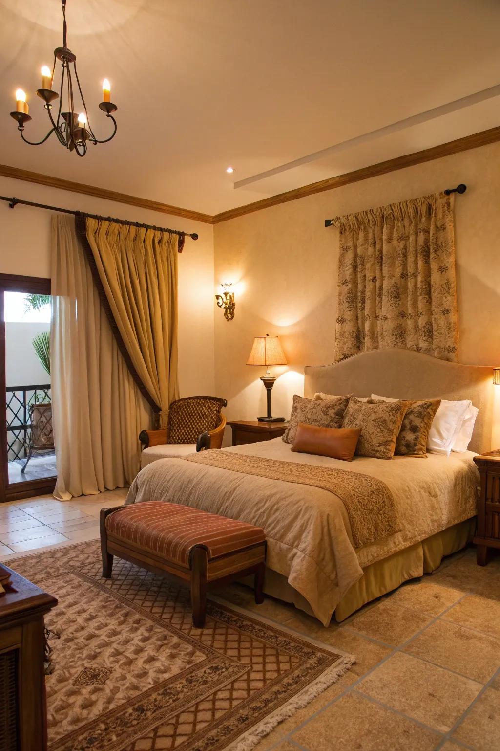Warm lighting accentuates the pleasant feel of the tan sleeping quarters.