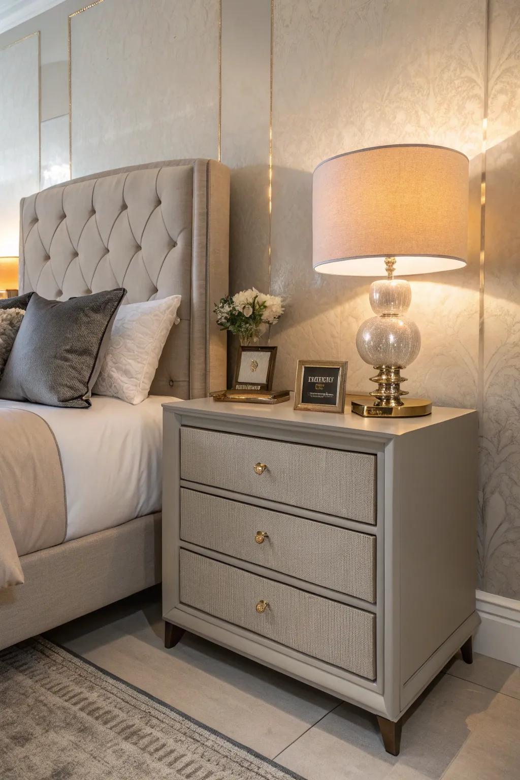 Elegant grey bedside tables complementing the soft brown theme.