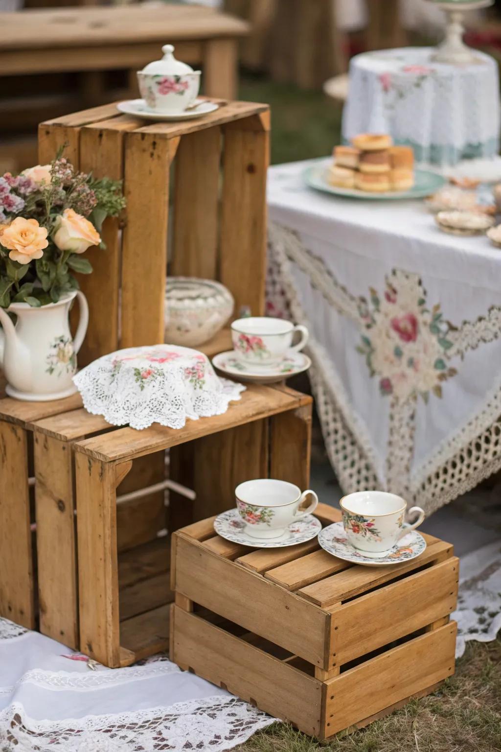 Rustic wooden crates add texture and allure to the tea party setup.