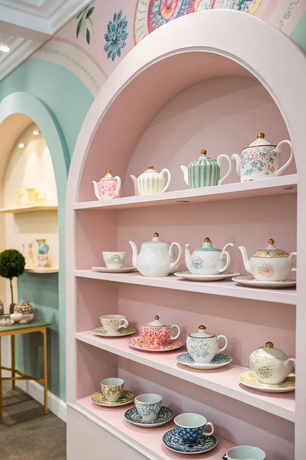 A tea set serving as artistic decor on open shelves.