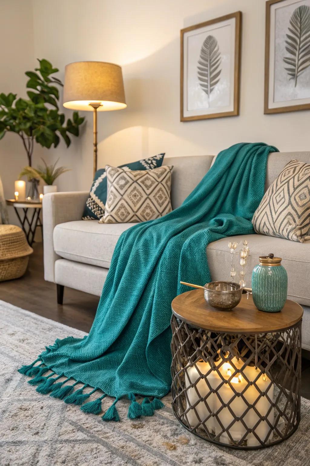 An aquamarine throw enhances warmth and texture to this welcoming living room.