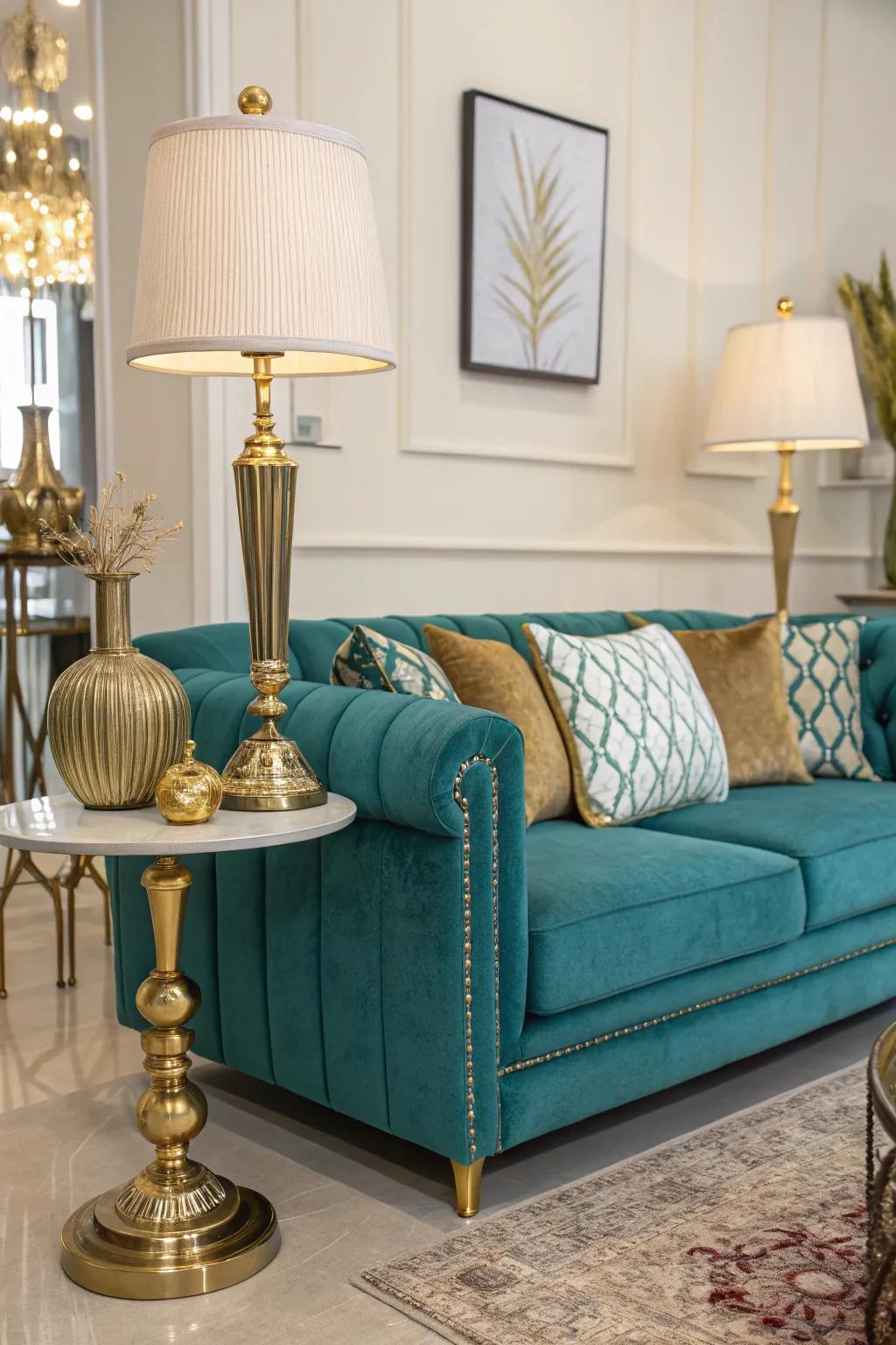 Metallic highlights introduce a hint of glamour to a teal settee setting.