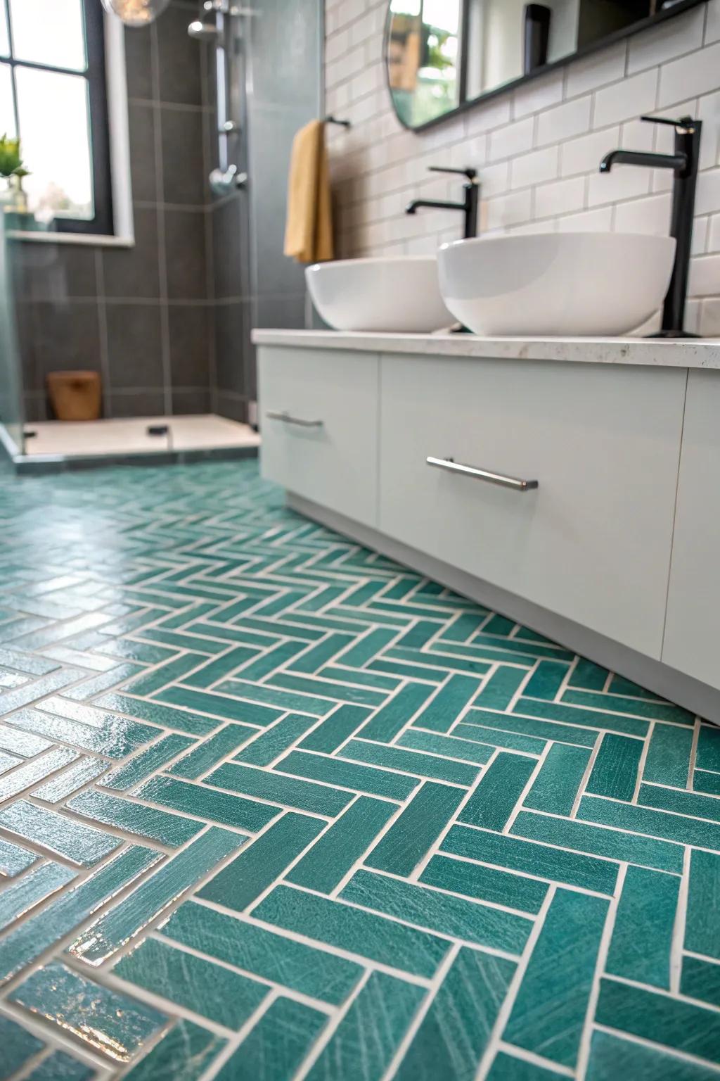 Teal tiling flooring possesses the ability to be a striking proclamation piece in your bathing space.