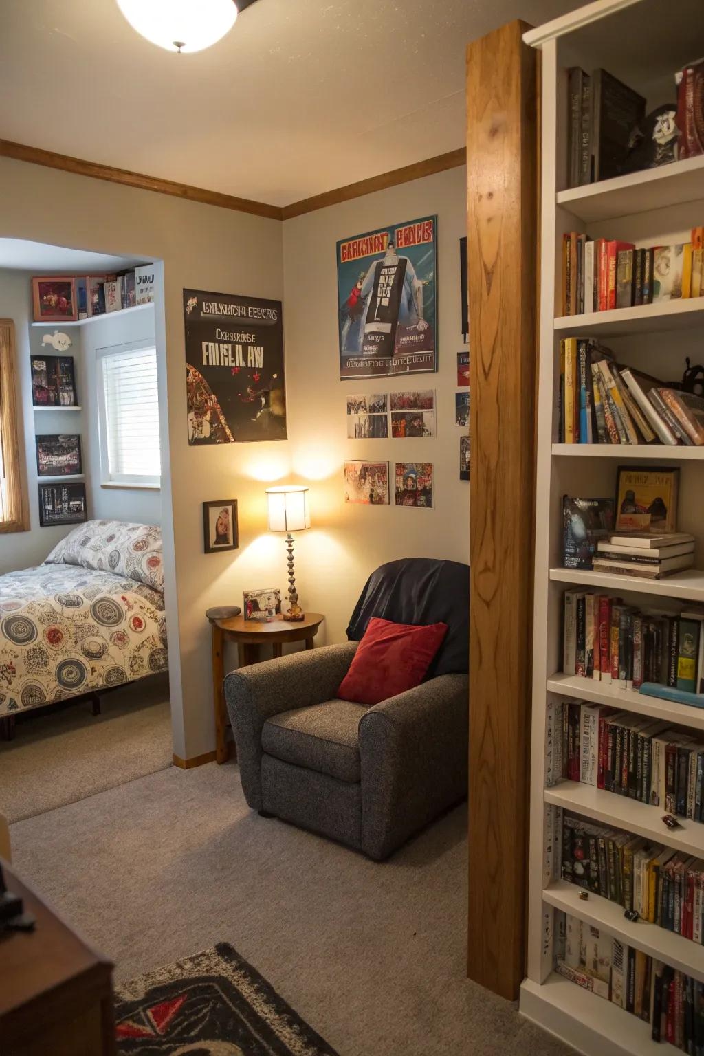 A comfortable reading corner in a teen boy's room, designed for tranquil times.