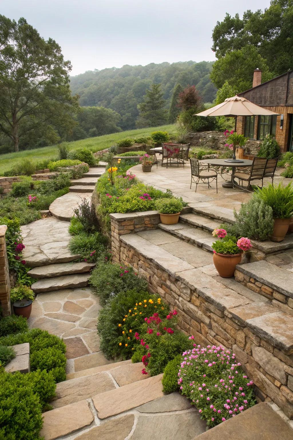Stone pathways and patio areas in a terraced garden, creating structure and flow.