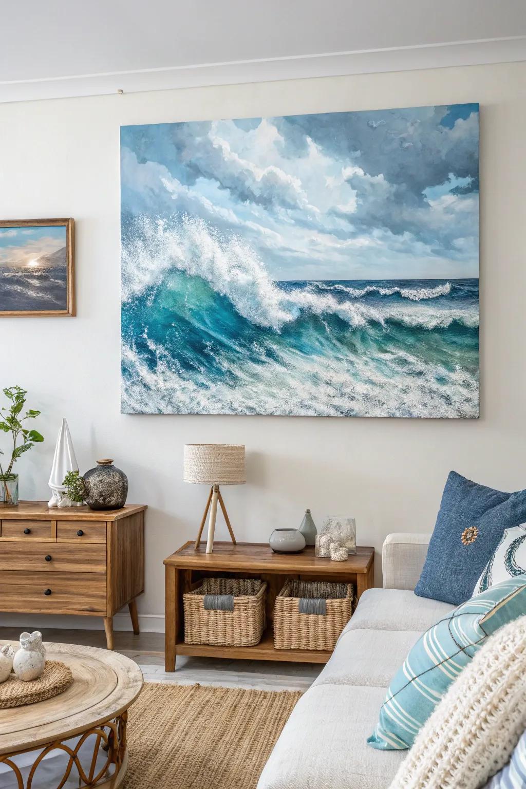 The calming essence of the ocean is brought into this coastal living area by a textured seascape painting.