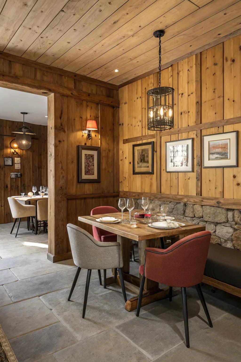 A welcoming dining area featuring warm wood panel walls.