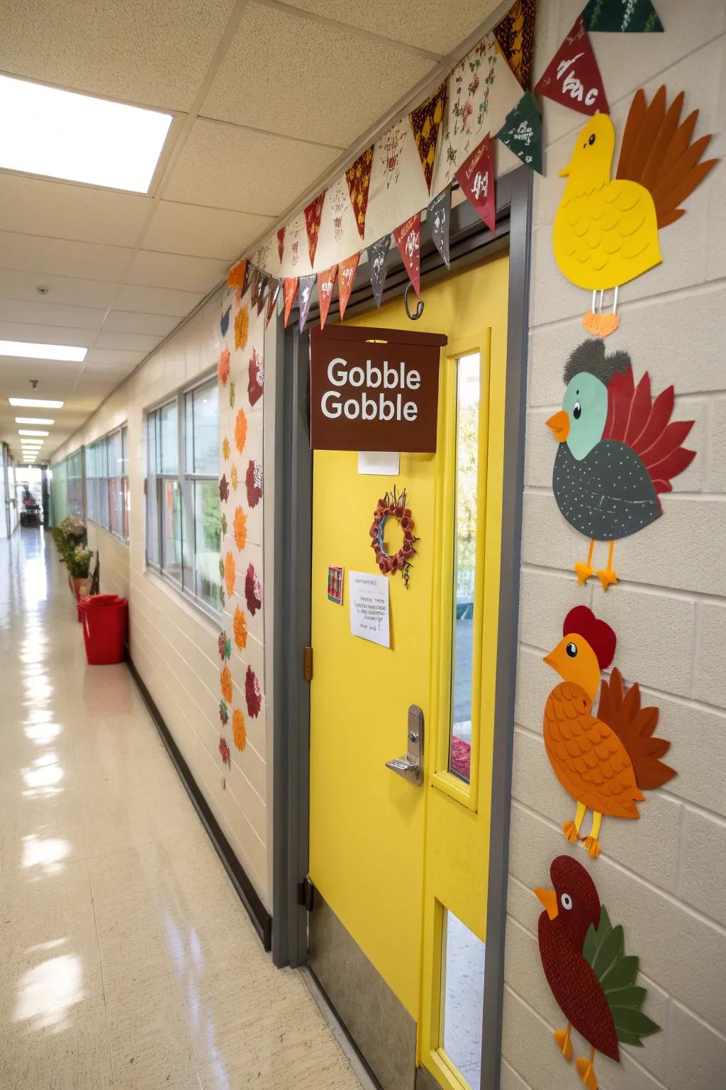 A playful Gobble Festivities entrance display, showcasing joyful turkeys.